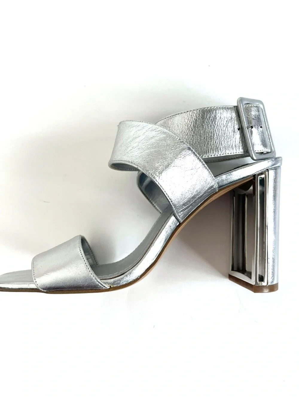 DKNY Women's Silver Metallic Leather Strappy Block Heeled Sandals Size: 9M